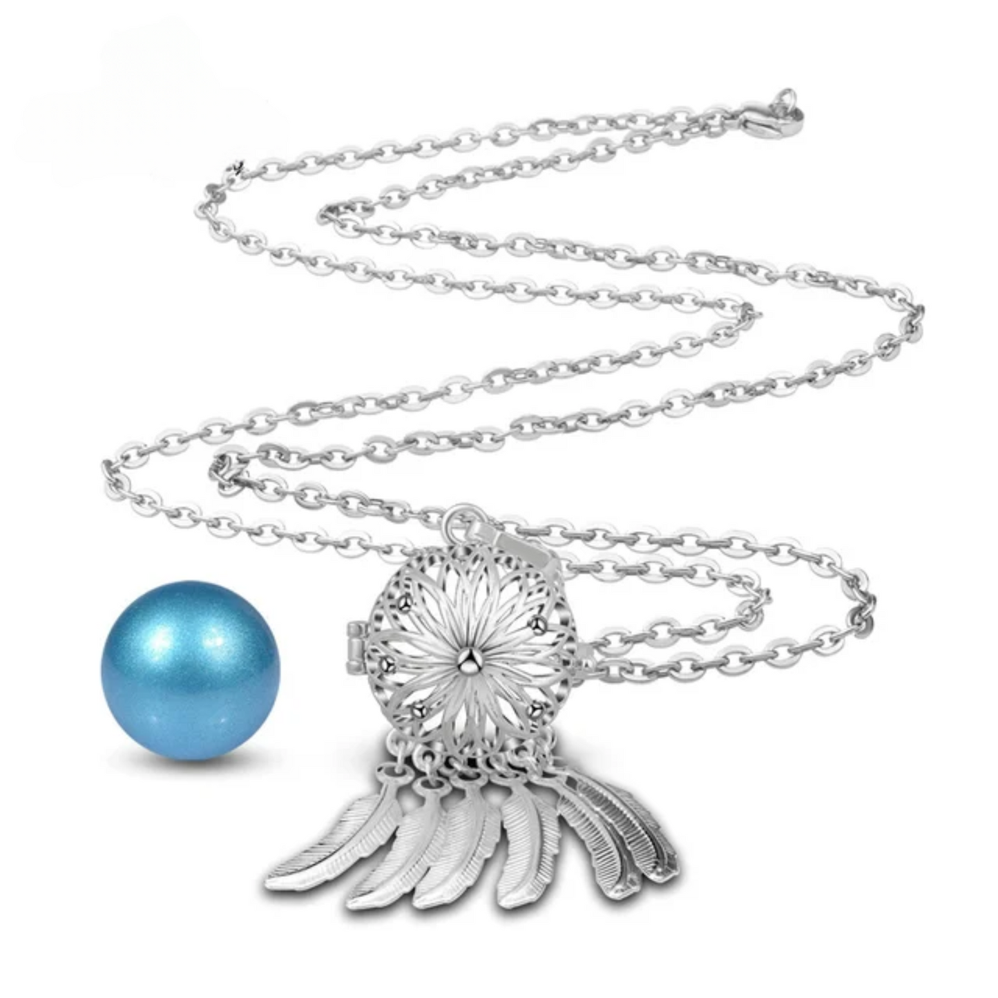 Bola-ketting - Feather zilver/blauw - met kalmerend geluid